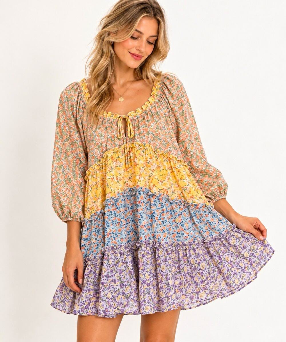 Umgee NWT Multicolor Cottage Floral Tiered Babydoll Mini Dress Balloon Sleeve L
